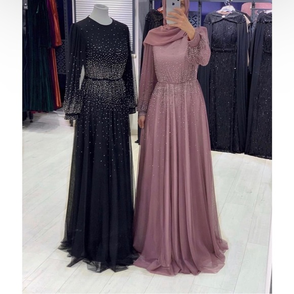 Black Chiffon Modest Evening Gown with rhinestones - Picture 7 of 7